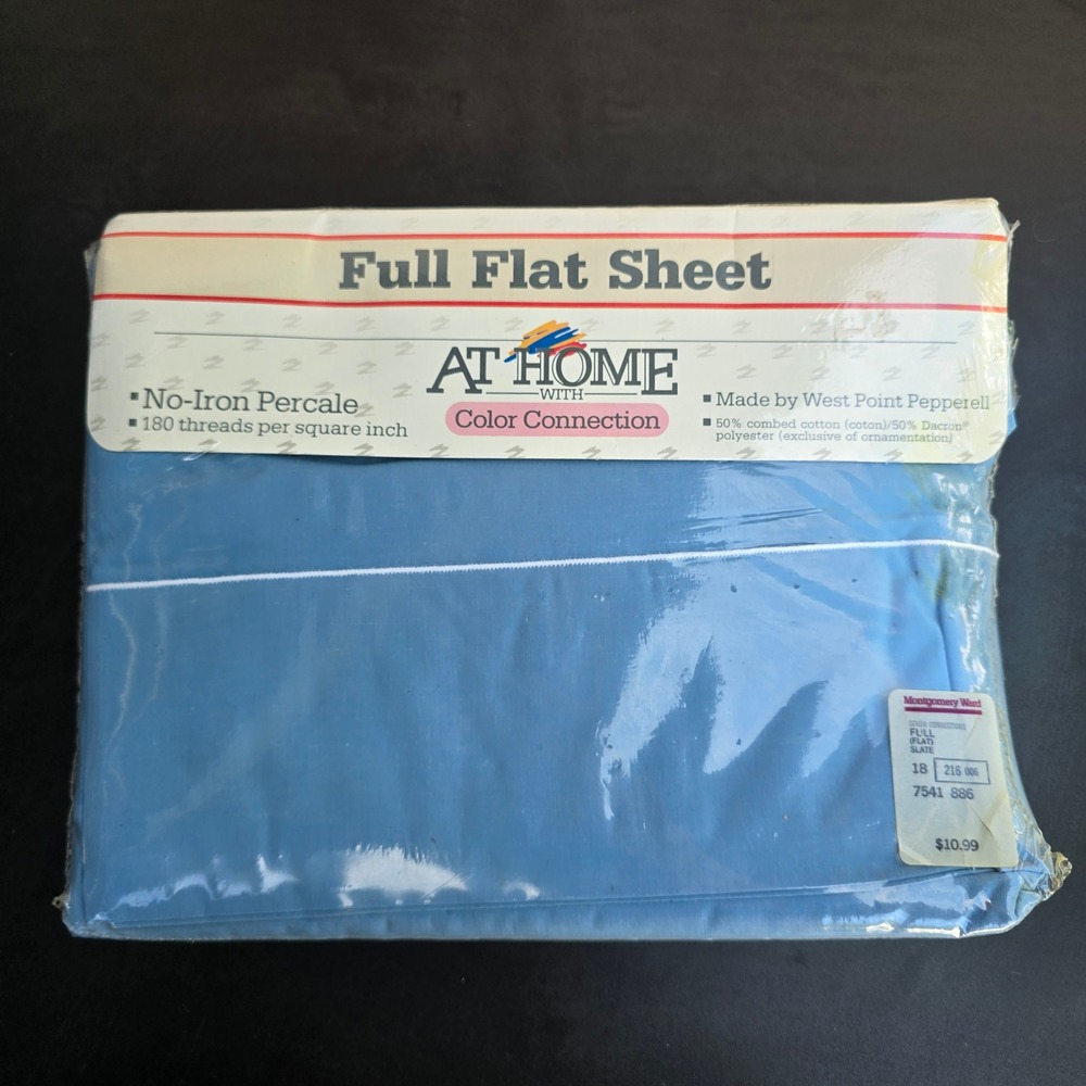 Montgomery Ward At Home Color Connection Full Flat Sheet Slate Blue Vintage NOS
